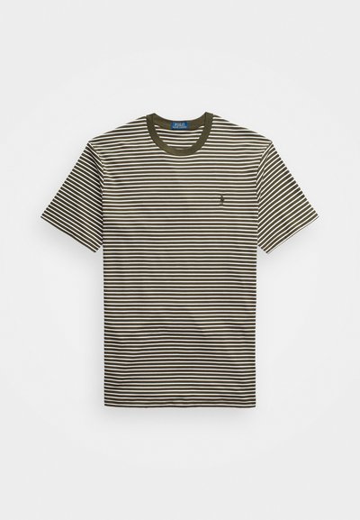 Striped t-shirt featuring horizontal brown and beige stripes, short sleeves, and a ribbed olive green crew neckline. Small logo on chest.