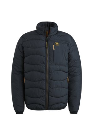 Námořnická zateplená bunda se zipem vpředu, vysokým límcem a hladkým povrchem. Obsahuje zakřivené švy a žluté akcenty na zipu.