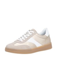 Beige suede and smooth material sneaker with white accents and laces, featuring a rubber sole and rounded toe design.
