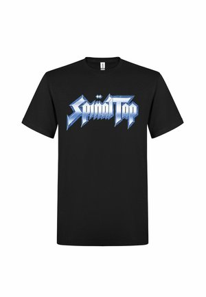 Sort bomulds t-shirt med "Spinal Tap" logo i metallisk blå, blokbogstaver med skarpt vinkelret design, korte ærmer og rund hals.