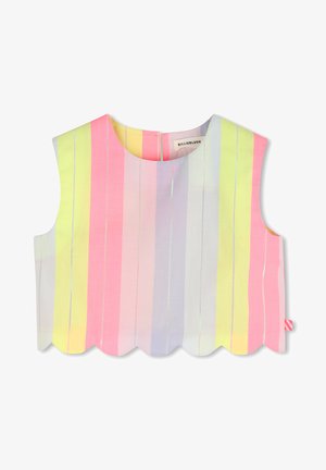 Top corto senza maniche con strisce verticali pastello in giallo, rosa, viola e blu, con orlo smerlato e cerniera posteriore.