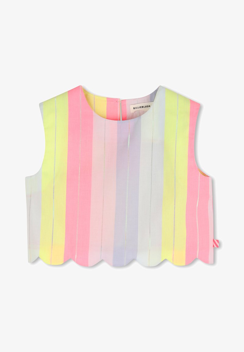 Haut court sans manches avec des rayures verticales pastel en jaune, rose, violet et bleu, présentant un ourlet festonné et une fermeture éclair au dos.