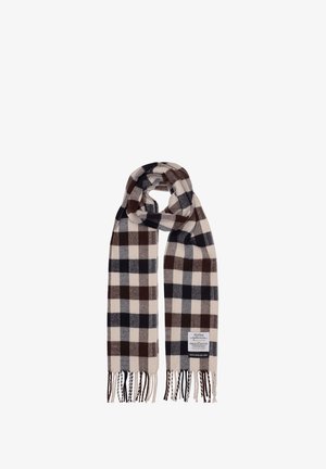 Sciarpa in lana con un motivo a quadri nei toni del marrone scuro, marrone chiaro e crema, con estremità frangiate e un'etichetta in tessuto.