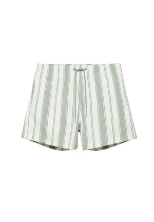 Short de bain homme à rayures verticales vert clair et blanc avec cordon à la taille devant.