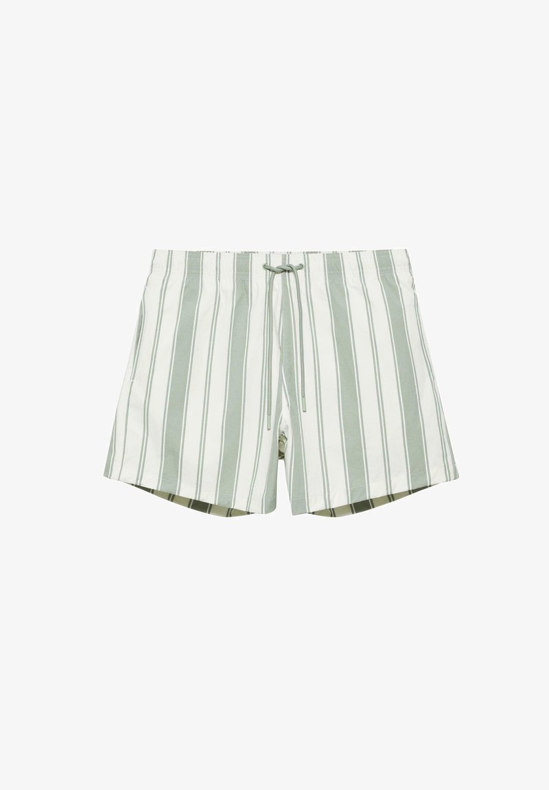 Short de bain homme à rayures verticales vert clair et blanc avec cordon à la taille devant.