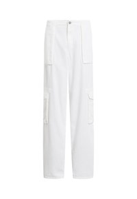 Pantalons cargo blancs en mélange de coton résistant, dotés de plusieurs poches latérales, d'une coupe décontractée et d'une fermeture à bouton à la taille.