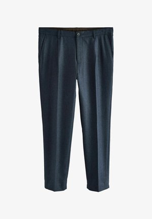 Dunkelblaue Hosen aus strukturiertem Stoff, mit Vorderfalten, einem Knopfverschluss und geraden Beinen, sowie einem glatten Innenfutter.