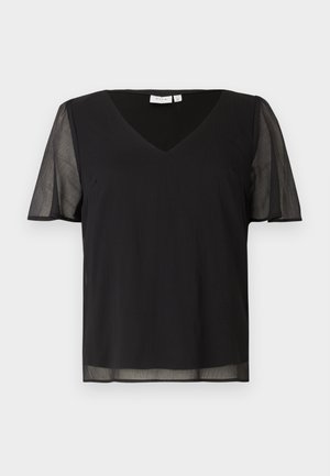 Must V-kaelusega topp, millel on lühikesed läbipaistvad varrukad. Sile kangas voolava disaini ja kerge tekstuuriga. Lihtne ja minimalistlik stiil.