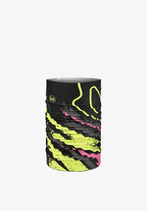 Scaldacollo multifunzionale nero con strisce astratte giallo neon e rosa e logo Buff sul lato.