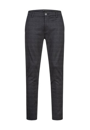 Men's slim-fit dark gray plaid dress trousers with button closure and belt loops.