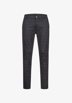 Men's slim-fit dark gray plaid dress trousers with button closure and belt loops.