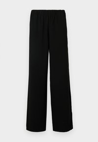Pantalon noir à jambes larges en tissu doux, doté d'une taille élastique et d'une texture lisse, conçu pour le confort et la liberté de mouvement.