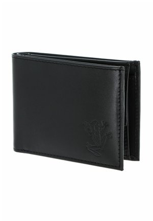 Portefeuille bifold en cuir noir avec logo grenouille embossé en bas à droite, texture lisse et coutures soignées le long des bords.