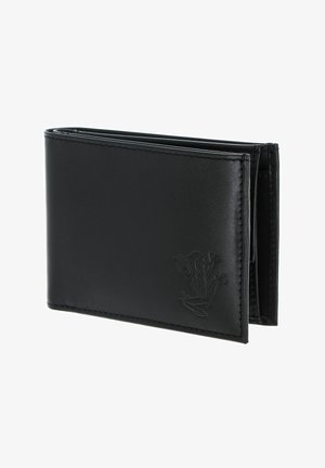 Black leather bifold wallet with embossed frog logo on bottom right corner, smooth texture and neat stitching along edges.