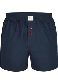 Námořnické modré bavlněné boxerky s elastickým pasem, které mají přední část se třemi červenými knoflíky a štítek na pase.