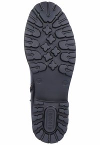 Schwarze Gummisohle mit strukturiertem Design, tiefen Profilen und verschiedenen Formen für den Halt, mit dem Markennamen "remonte".