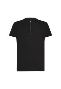 T-shirt nera a maniche corte con colletto alto e zip a un quarto. Presenta un piccolo logo "icebreaker" bianco sul petto. Texture liscia.