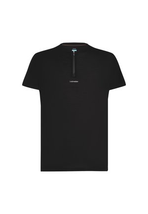 Black short-sleeve t-shirt with a high collar and a quarter-length zipper. Features a small white "icebreaker" logo on the chest. Smooth texture.