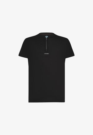 Black short-sleeve t-shirt with a high collar and a quarter-length zipper. Features a small white "icebreaker" logo on the chest. Smooth texture.