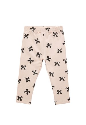 Helle rosa Leggings aus Baumwolle mit einem sich wiederholenden schwarzen Schleifenmuster, elastischem Bund und figurbetontem Schnitt.