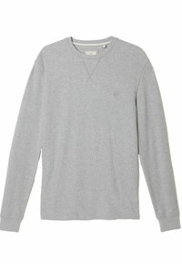 Grauer Langarm-Sweatshirt aus strukturiertem Stoff, mit Rundhalsausschnitt und kleinem gesticktem Logo auf der Brust. Gerader Schnitt mit gerippten Bündchen.