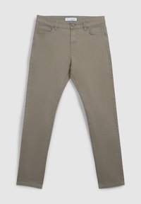 Khaki spodnie proste wykonane z bawełnianej tkaniny w mieszance. Posiadają guzik i zamek błyskawiczny, pięć kieszeni oraz subtelne detale w szwie.