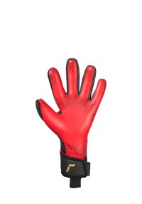 Rote Torwarthandschuh mit strukturierten Oberflächen, schwarzen Akzenten und einem Handgelenkband. Verfügt über ein geometrisches Muster auf der Handfläche und den Fingern.