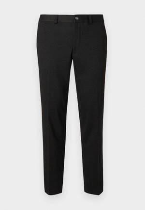 Czarne spodnie wykonane z gładkiego materiału. Posiadają prosty krój, gładki przód oraz zapięcie na guzik z prostym wzorem pasa.