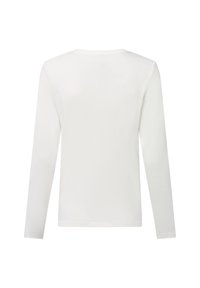 Langärmliges weißes T-Shirt, Rundhalsausschnitt, weicher Baumwollstoff, glatte Textur, keine Muster oder Akzente, schlichte Rückansicht.