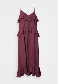 Bordeaux-maxikleid mit verstellbaren Spaghetti-Trägern. Besonderheiten sind das mehrlagige Rüschendesign und der ausgestellte Saum, gefertigt aus leichtem, strukturiertem Stoff.