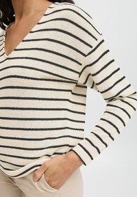 Gestreifter leichter Pullover mit V-Ausschnitt, der horizontale schwarze Streifen auf einem cremefarbenen Hintergrund zeigt. Lange Ärmel und lockere Passform.