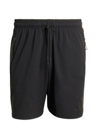 Čierne športové šortky z ľahkej tkaniny, s elastickým pásom so sťahovacou šnúrkou a dvoma prednými vreckami so zipsom.