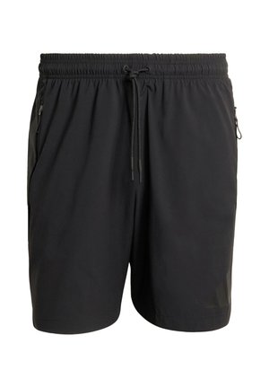 Zwarte sportshorts van lichtgewicht stof, met een elastische tailleband met trekkoord en twee voorzakken met rits.