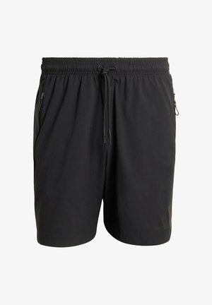 Zwarte sportshorts van lichtgewicht stof, met een elastische tailleband met trekkoord en twee voorzakken met rits.
