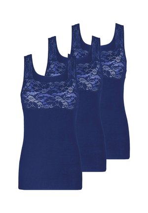 Set aus drei navyblauen Tanktops mit Spitzenakzenten an der Brust und breiten Schulterträgern. Weicher, elastischer Stoff mit taillierter Passform.