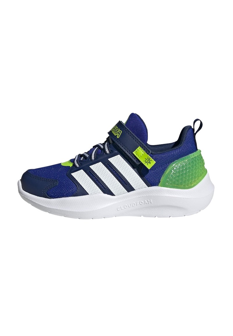 Blue and white athletic shoe with mesh upper, green accents, a padded collar, and a textured heel. Features a hook-and-loop strap. Cloudfoam sole.