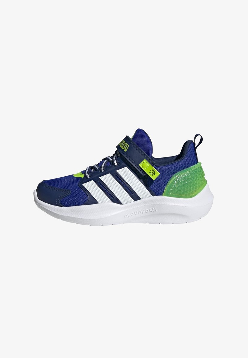 Blue and white athletic shoe with mesh upper, green accents, a padded collar, and a textured heel. Features a hook-and-loop strap. Cloudfoam sole.