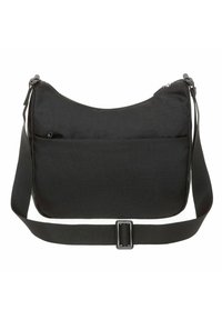 Borsa a spalla nera realizzata in tessuto testurizzato. Presenta una chiusura con zip, una tracolla regolabile e una tasca frontale. Superficie liscia senza motivo.