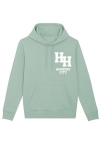 Felpa con cappuccio verde chiaro, dotata di tasca frontale e logo bianco "HH HAMBURG CITY" sul petto sinistro.