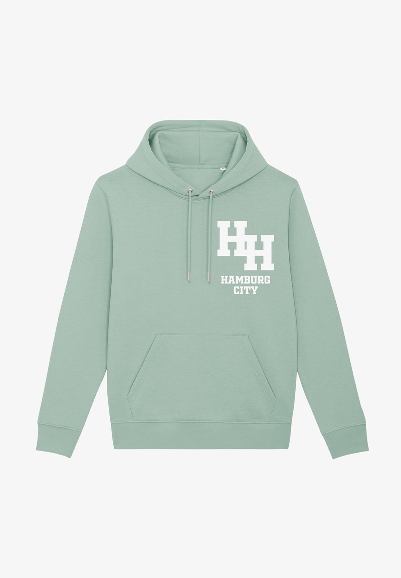 Felpa con cappuccio verde chiaro, dotata di tasca frontale e logo bianco "HH HAMBURG CITY" sul petto sinistro.
