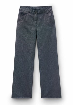 Ciemnoszare szerokie dżinsy z przodu z kieszeniami, zapięciem na guziki i elastycznym paskiem z tyłu.