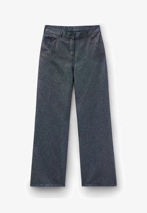 Ciemnoszare szerokie dżinsy z przodu z kieszeniami, zapięciem na guziki i elastycznym paskiem z tyłu.