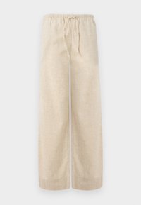 Pantaloni larghi in lino beige con vita elastica e cordino. Il tessuto ha una finitura testurizzata, offrendo un aspetto leggero e arioso.