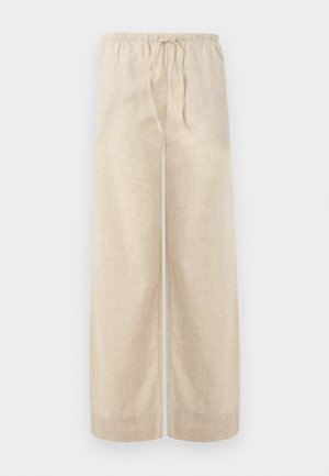 Beige linbukser med brede ben, elastisk linning og snøring. Stoffet har en teksturert overflate som gir et lett og luftig utseende.