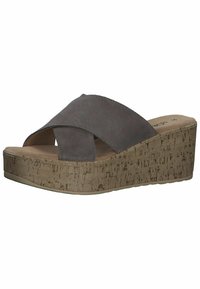 Sandali platform in suede grigi con cinturini incrociati, suola intermedia simile al sughero, suola esterna marrone testurizzata e soletta imbottita.