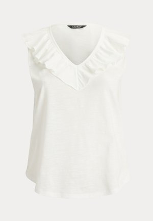 Biela tielková blúzka s výstrihom do V a volánikom pozdĺž výstrihu a ramien, značky Lauren Ralph Lauren.