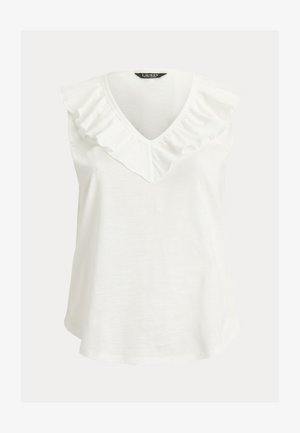 Blouse blanche sans manches avec col en V et bordure volantée le long de l'encolure et des épaules, étiquetée Lauren Ralph Lauren.
