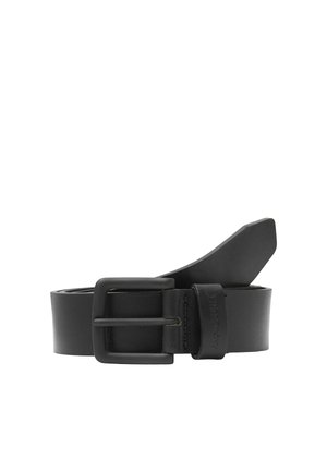 Black leather belt rolled up with a matte black rectangular buckle and a stitched loop on a white background.