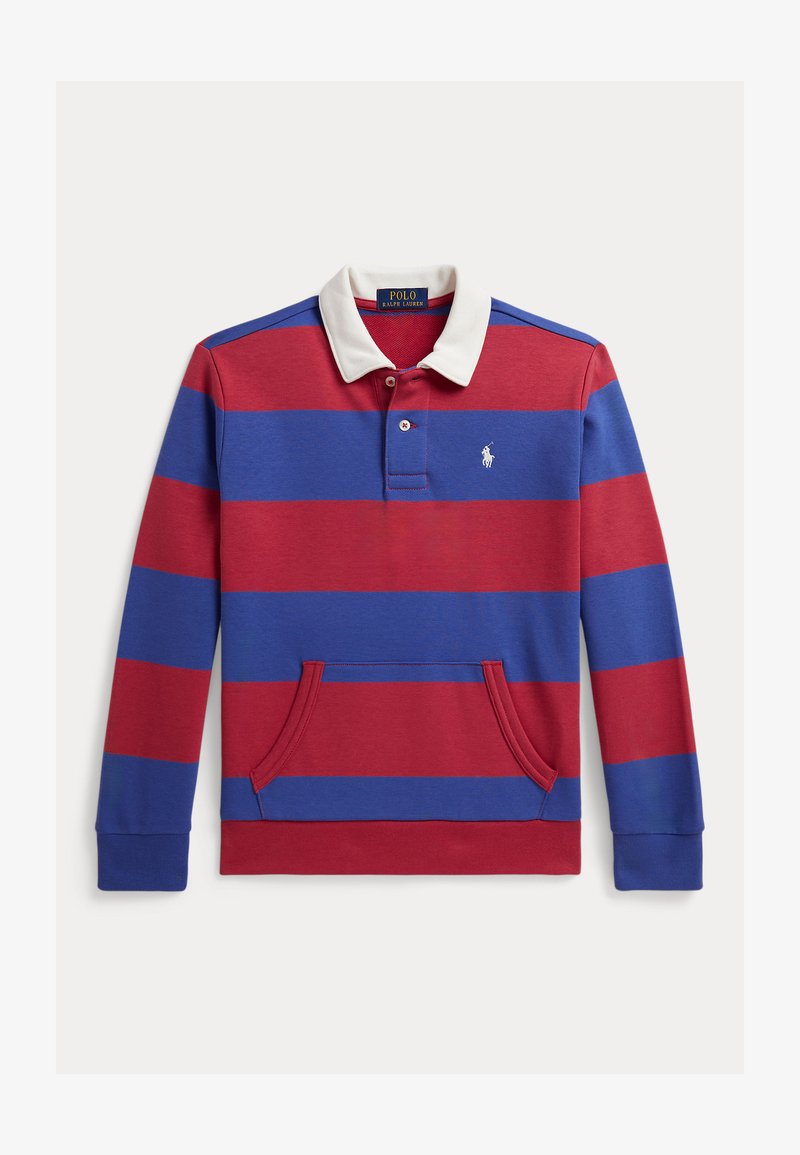 Κόκκινο και μπλε ριγέ πόλο φούτερ με λευκή γιακά, μακριά μανίκια, μπροστινές τσέπες και μικρό λογότυπο στο στήθος.