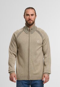 Trui met ritssluiting in beige met een gestructureerde afwerking, verhoogde kraag en contrasterende schoudernaden. Voorzien van geborduurd logo op de borst.